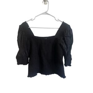 ME+EM Black Smocked Square-Neck Puff Sleeve Top